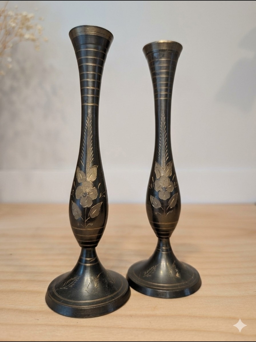 Vintage Etched Brass Bud Vases Pair | Black & Gold Floral Indian Trumpet Vases